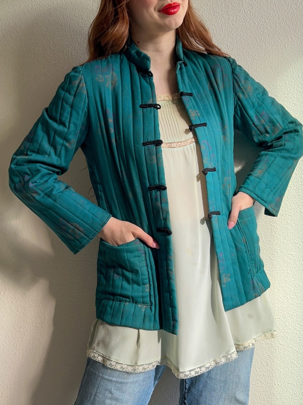 Vintage 1970s Teal Quilted Jacket With Toggle Buttons (S/M)